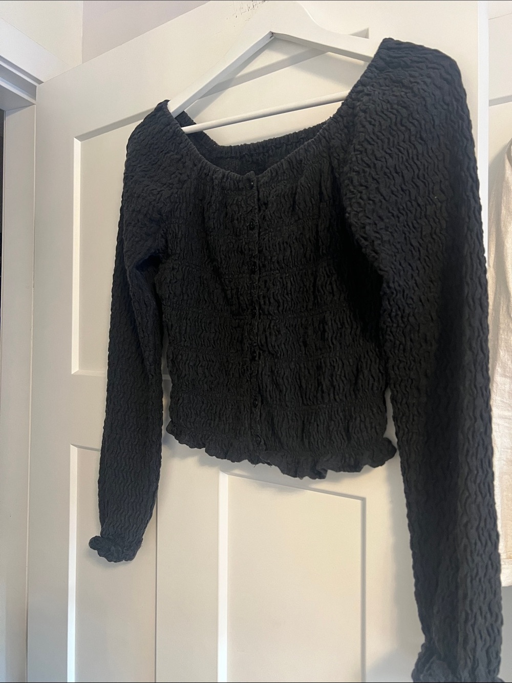 Textured Black Long-Sleeve Square Neck Blouse